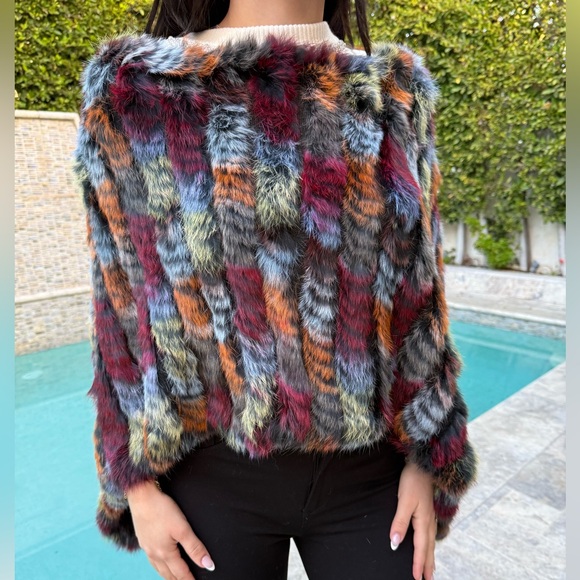 New Multicolor Rabbit Fur poncho - Picture 4 of 8